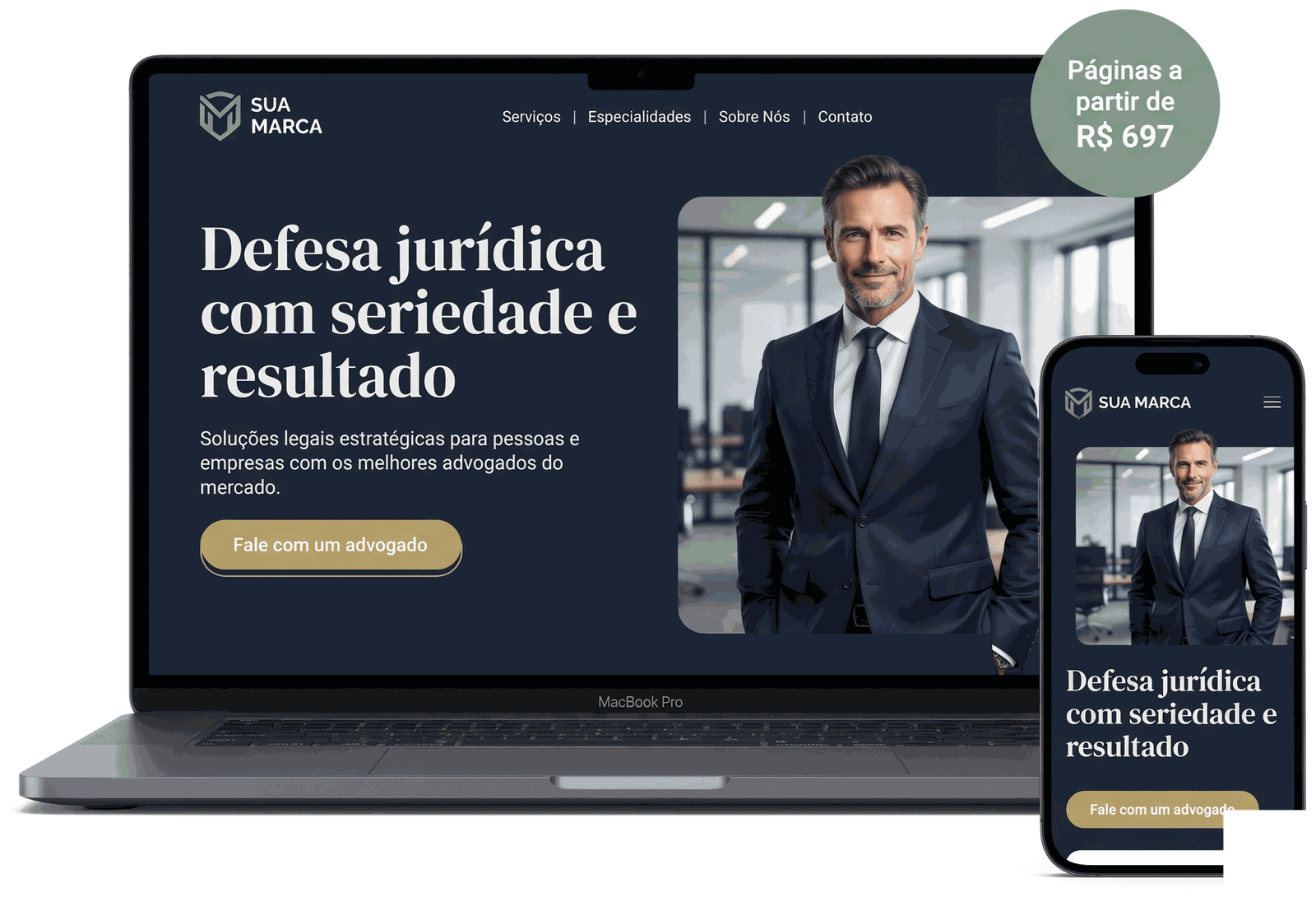 Mockup da landing page modelo para advocacia em notebook e celular