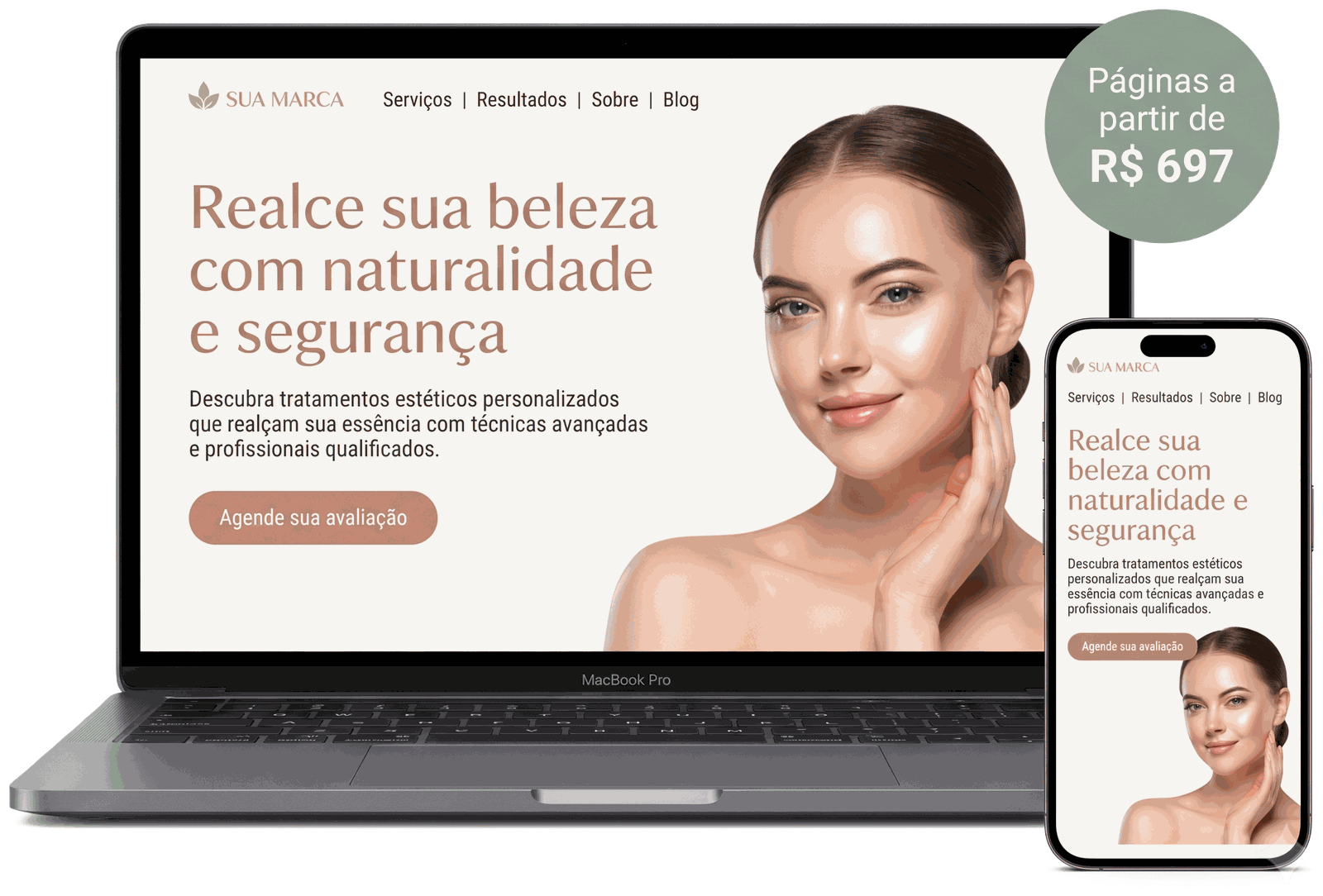 Notebook e celular exibindo uma landing page profissional para clínica de estética