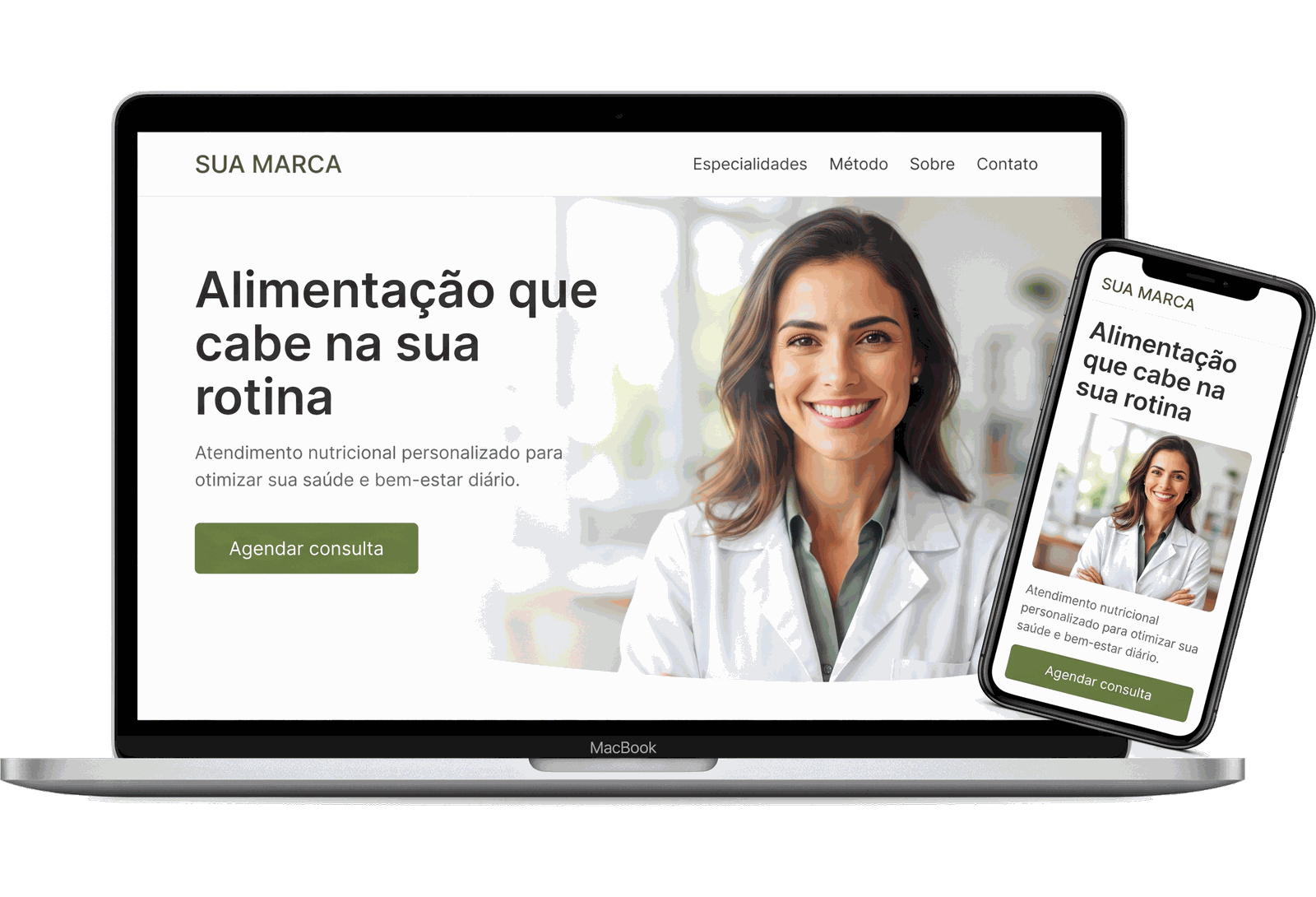 Mockup da landing page modelo para nutricionistas em notebook e celular