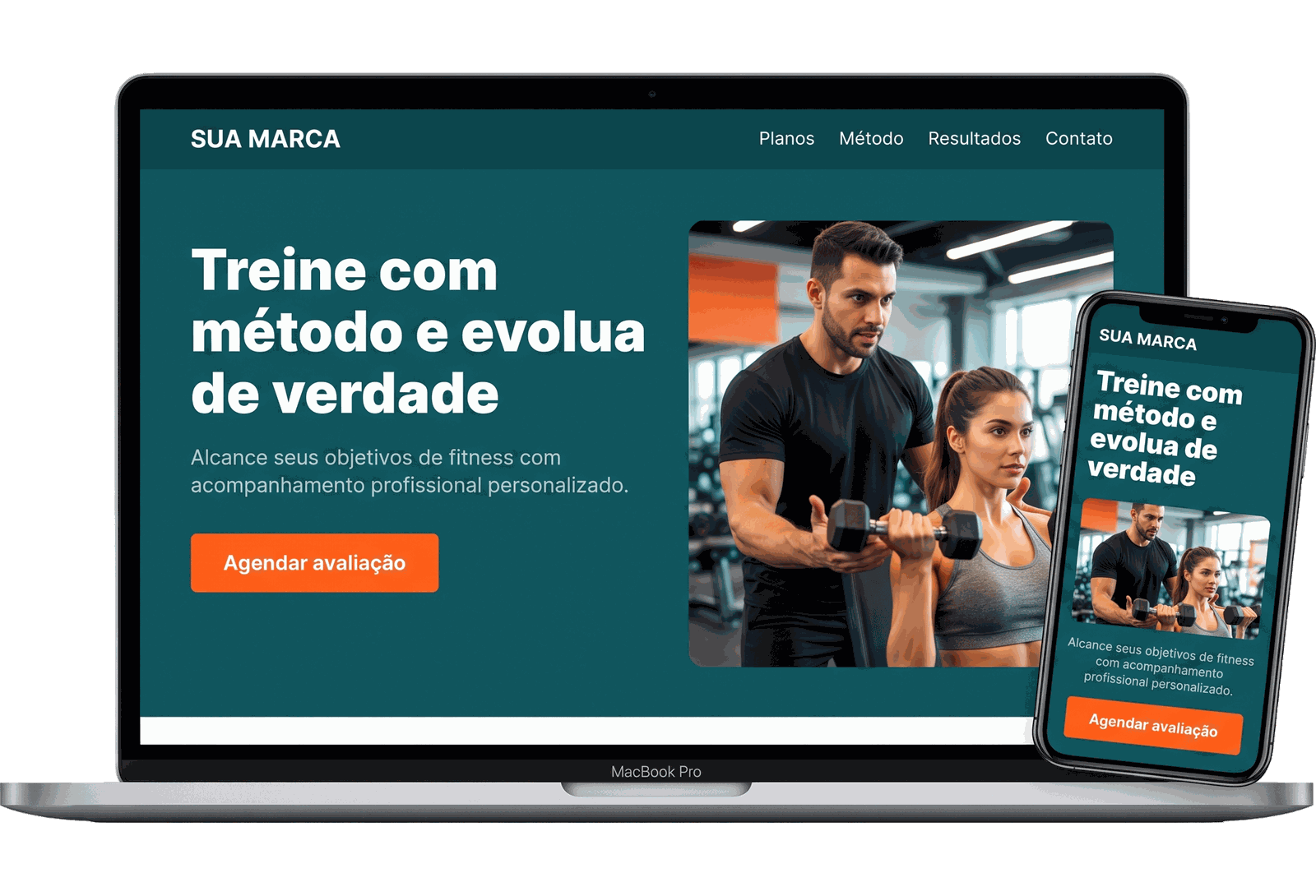 Mockup da landing page modelo para personal trainers em notebook e celular