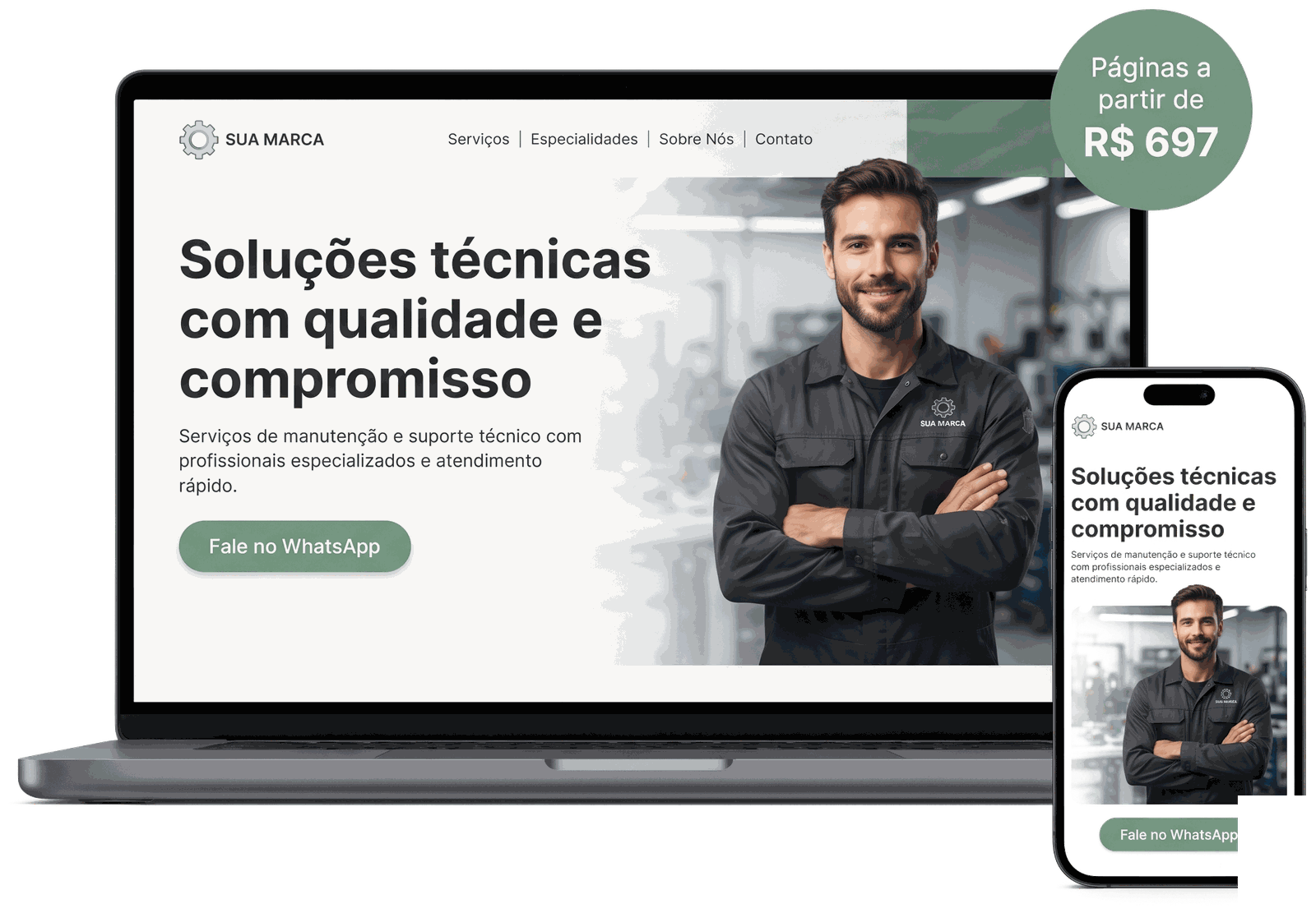 Mockup da landing page modelo para serviços técnicos em notebook e celular